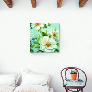 Tablou decorativ floral cu nuferi albi pe canvas, 60x60 cm