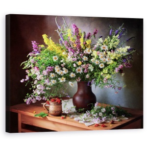 Tablou Canvas - Natura Moarta Cu Flori Salbatice Si Fructe De Padure, Vara, 60 x 75 cm
