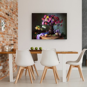 Tablou Canvas - Natura Moarta Cu Un Buchet De Asteri si Fructe, 60 x 80 cm - Img 4
