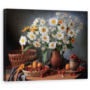 Tablou Canvas - Natura Moarta Cu Un Buchet De Margarete, Fructe De Padure, 40 x 50 cm