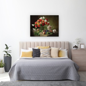 Tablou Canvas - Natura Moarta Cu Un Buchet De Zinnias si Fructe, Struguri, 60 x 80 cm - Img 3