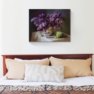 Tablou decorativ canvas natura moarta cu flori liliac si lacrimioare