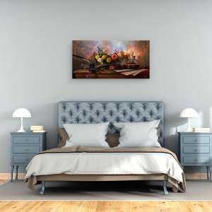 Tablou canvas - Natura Moarta, Flori, Muzica, Camera, Clasic, Vioara, Trandafiri, 50 x 100 cm - Img 3