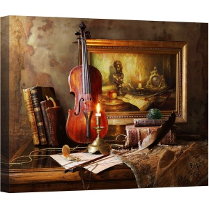 Tablou canvas - Natura Moarte Cu Vioara, Muzica, Vioara, Batran, Carte, Lumanare, Unealta, 75 x 100 cm