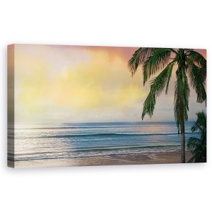 Tablou canvas - Natura, Peisaj, Marea, Valuri, Palmier, Apus De Soare, Pictura, 50 x 100 cm