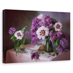 Tablou canvas - Natura statica cu liliac si bujori, Natura moarta, Violet, Flori, 80 x 120 cm