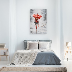 Tablou canvas - Oameni, Femeie, Rochie Rosie, Ploaie, Pictura, 60 x 90 cm - Img 4