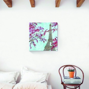 Tablou decorativ canvas Paris cu Turnul Eiffel și flori de cireșe