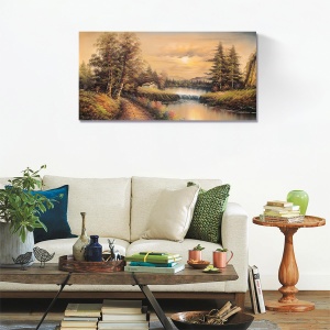 Tablou Canvas - Peisaj, Cascada, Dealuri, Copaci, Casuta, Toamna, 50 x 100 cm - Img 2
