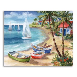 Tablou Canvas - Peisaj, Natura, Plaja, Mare, Valuri, Nisip, Barca, Palmieri, Vara, 60 x 75 cm - Img 1