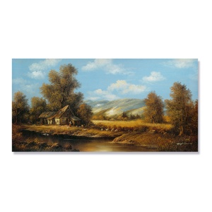 Tablou Canvas - Peisaj, Rau, Dealuri, Copaci, Ferma, Toamna, 50 x 100 cm