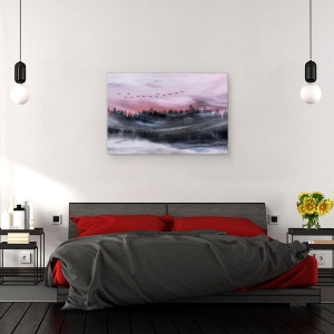 Tablou canvas - Plecand in Zori, Roz, Vant, Batut de Vanturi, Pomi, Apa, 80 x 120 cm - Img 3