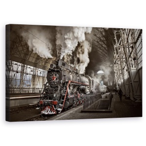 Tablou canvas - Ultimul Mohican, Tren, Statie, Fum, Montaj, Ireal, 50 x 80 cm