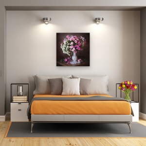 Tablou Canvas - Un Buchet De Crizanteme, Roz, Vaza, Cana, Ceai, Cafea, 60 x 60 cm - Img 3
