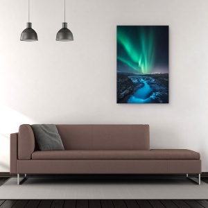 Tablou Canvas - Verde Vs Albastru, Noapte, Aurora Borealis, Stea, Cascada, Rau, 60 x 90 cm - Img 2