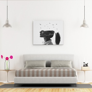 Tablou canvas - Zefir, Expunere Dubla, Alb-Negru, Femeie, Par, Pasari, 60 x 75 cm - Img 3