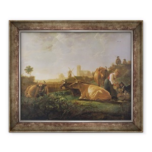 Tablou inramat - Aelbert Cuyp - O vedere indepartata a Dordrecht cu pastorul de dormit si cinci vaci Dortul mic, 70 x 85 cm