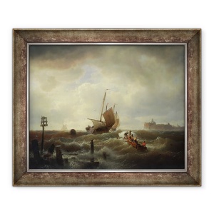 Tablou inramat - Andreas Achenbach - Intrarea in port la Hellevoetsluys, 50 x 60 cm