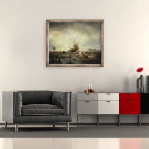 Tablou inramat - Andreas Achenbach - Intrarea in port la Hellevoetsluys, 50 x 60 cm - Img 2