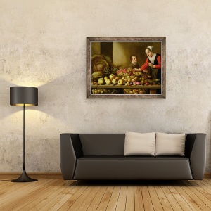 Tablou inramat - Floris van Schooten - Fata de vanzare struguri de la o masa mare incarcat cu fructe si legume, 60 x 80 cm - Img 2