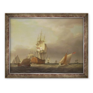 Tablou inramat - Francis Holman - Un peisaj marin cu oameni de razboi si ambarcatiuni mici, 60 x 80 cm