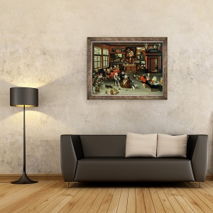Tablou inramat - H. II Francken - Arhiducele Albert 1559-c.1621 si Arhiducesa Isabella 1566-1633 Vizitand un Cabinet de Colectori, 60 x 80 cm - Img 2