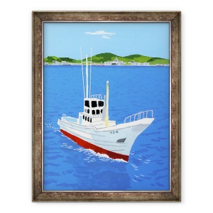 Tablou inramat - Hiroyuki Izutsu - Barca de pescuit si port, 60 x 80 cm
