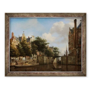 Tablou inramat - Jan van der Heyden - Amsterdam City View cu case pe Herengracht si Haarlemmersluis vechi, 70 x 90 cm