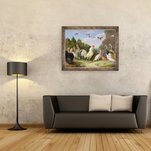 Tablou inramat - Jan van Kessel the Elder - Peisaj impadurit cu un cocos, curcan, gaini si alte pasari, 60 x 80 cm - Img 2