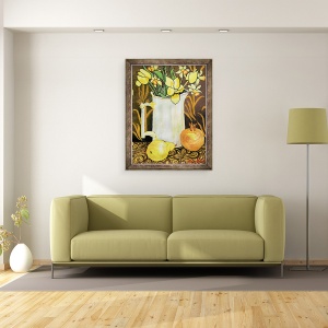 Tablou inramat - Joan Thewsey - Lalele si narcise intr-un ulcior alb, cu textile, 70 x 90 cm - Img 2