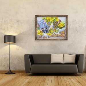 Tablou inramat - Joan Thewsey - Narcisele, ulcioare antice, farfurii, textile si dantela, 60 x 80 cm - Img 2