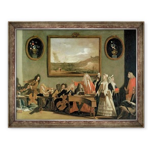 Tablou inramat - Marco Ricci - Repetitia unei opere, despre care se spune ca este Pyrrhus si Demetrius, desfasurata in sala de practica a teatrului Haymarket, 70 x 90 cm