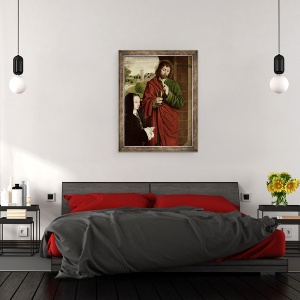 Tablou inramat - Master of Moulins - Anne a Frantei 1462-1522 Doamna de Beaujeu, Ducesa de Bourbon, prezentata de Sfantul Ioan Evanghelistul, aripa dreapta a unui triptic, 70 x 90 cm - Img 3