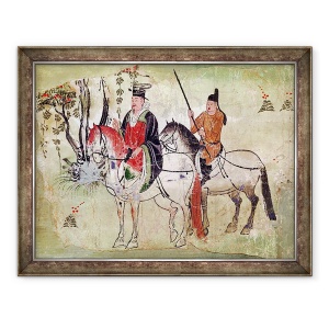 Tablou inramat - Scoala chineza - Doi calareti intr-un peisaj sau, Boddhisatva si Ecuerry lui, 60 x 80 cm