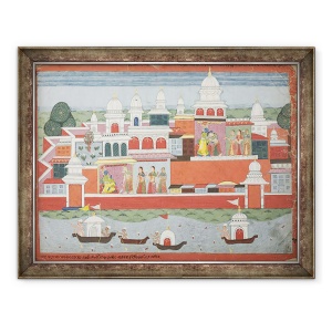 Tablou inramat - Scoala nepaleza - Rukmini cauta permisiunea lui Krishna de a-si vizita fratele Rukma, pagina dintr-un manuscris al Bhagavata Purana, 70 x 90 cm