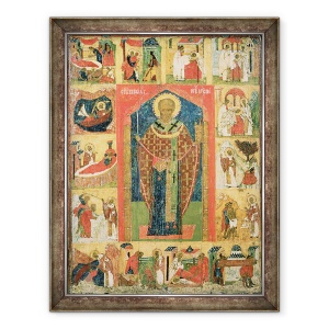 Tablou inramat - Scoala Rusa - Sfantul Nicolae din Moshajsk cu scene din viata sa, 70 x 90 cm