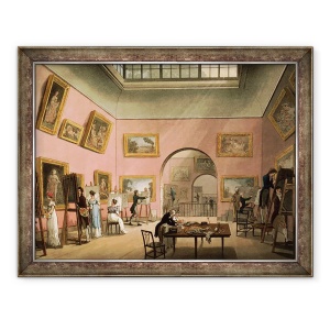Tablou inramat - T. Rowlandson - Studentii care invata sa picteze si sa faca copii ale imaginilor la Institutia Britanica, Pall Mall, de la Microcosmosul Londrei de Ackermann, 70 x 90 cm