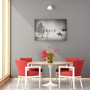 Tablou canvas - Asteptarea, Cal, Cowboy, Zapada, Iarna, Munti, 60 x 90 cm - Img 4