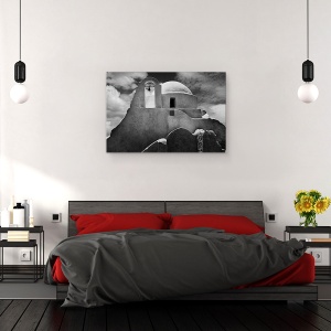 Tablou canvas - Biserica Mykonos, Clopotel, Biserica, Grecia, Alb-Negru, 60 x 90 cm - Img 3