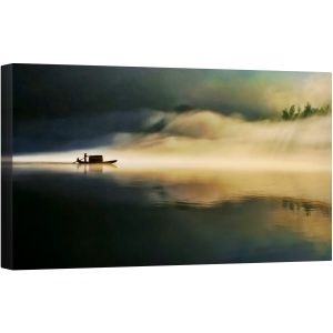 Tablou canvas - Ceata se Presara Peste Raul de Est, Peisaj, Barca, Persoana, Calm, Senin, 50 x 100 cm