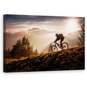 Tablou canvas - Ciclism In Razele Luminii, Mountainbike, Apus De Soare, Aventura, Actiune, 50 x 80 cm