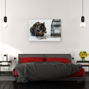 Tablou canvas - Cu Gust De Pui, Umor, Pisica, Cusca, Pene, Alb, 60 x 90 cm - Img 3
