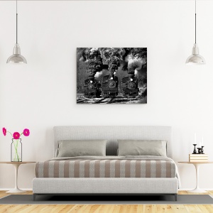 Tablou canvas - Cursa Cu Trenul, Abur, Fum, Alb-Negru, 60 x 75 cm - Img 3