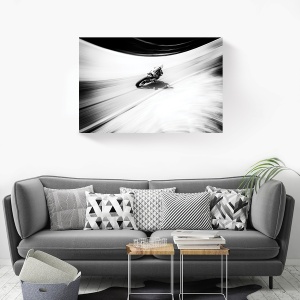 Tablou decorativ motocicletă cursă alb-negru pe canvas 80x120 cm
