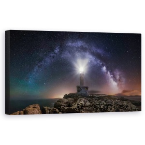 Tablou canvas - Farul Si Calea Lactee, Arhitectura, Noapte, Far, Peisaj, Instelat, 50 x 100 cm