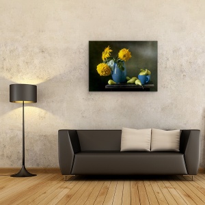 Tablou Canvas - Floarea-Soarelui, Pere, Vaza, Albastra, 75 x 100 cm - Img 2