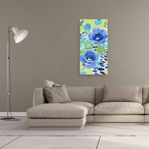 Tablou canvas - Flori Albastre, Fundal Verde, Pictura, 50 x 100 cm - Img 2