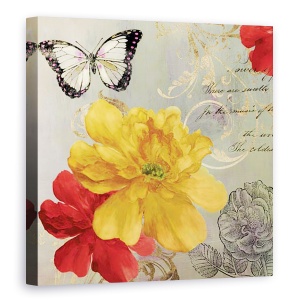 Tablou canvas - Flori, Flori, Galben, Rosu, Animale, Fluture, Pictura, 60 x 60 cm