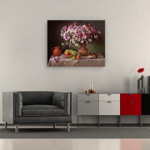 Tablou Canvas - Natura Moarta, Buchet, Floare, Roz, Vaza, Struguri, Cana, 40 x 50 cm - Img 2