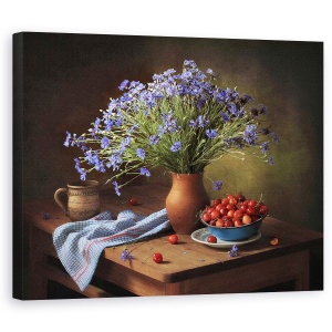 Tablou decorativ natură moartă pe canvas cu cireșe și buchet rustic